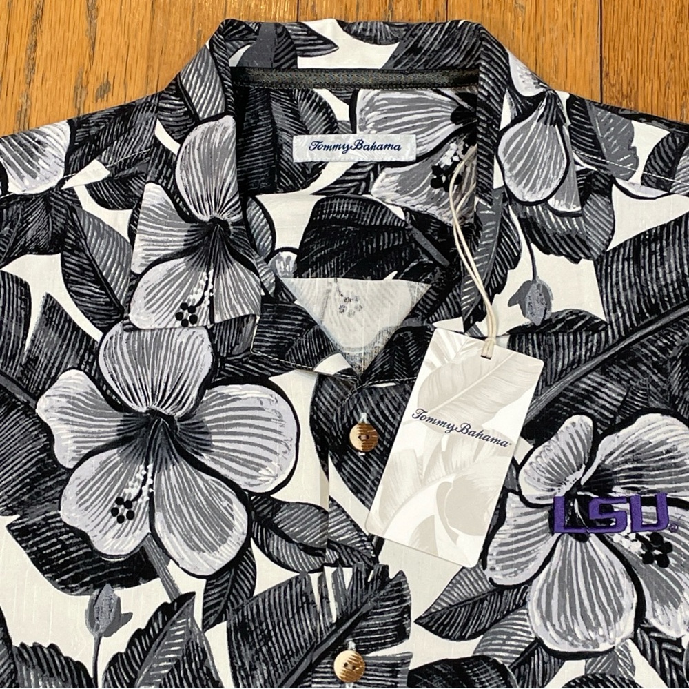 Tommy Bahama LSU Tigers Embroidered Hawaiian Silk Shirt Size M Floral NWT $148